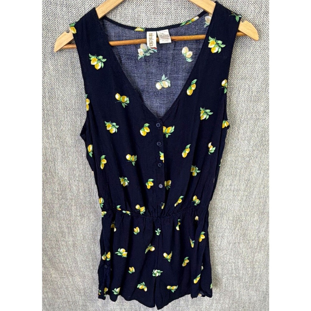 Mimi Chica Blue Lemon Print Rayon Romper V-Neck Button Elastic Waist, Size L